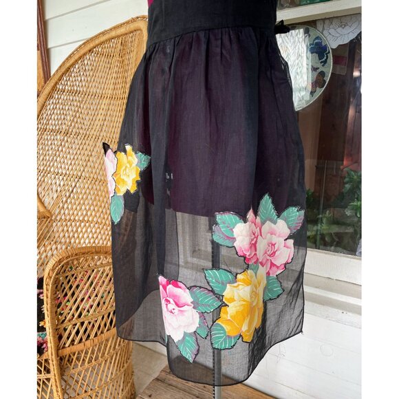 Vintage 1950s Black Organza Floral Applique Half Apron - Picture 3 of 10